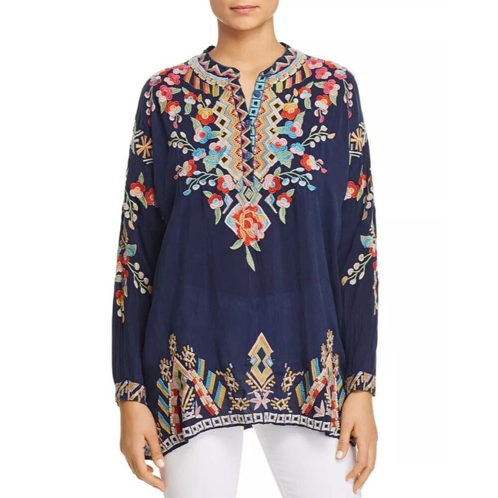 Johnny Was Women's Tunic Top Large Jessa White Sheer Embroidered Button Oversize - Picture 2 of 8